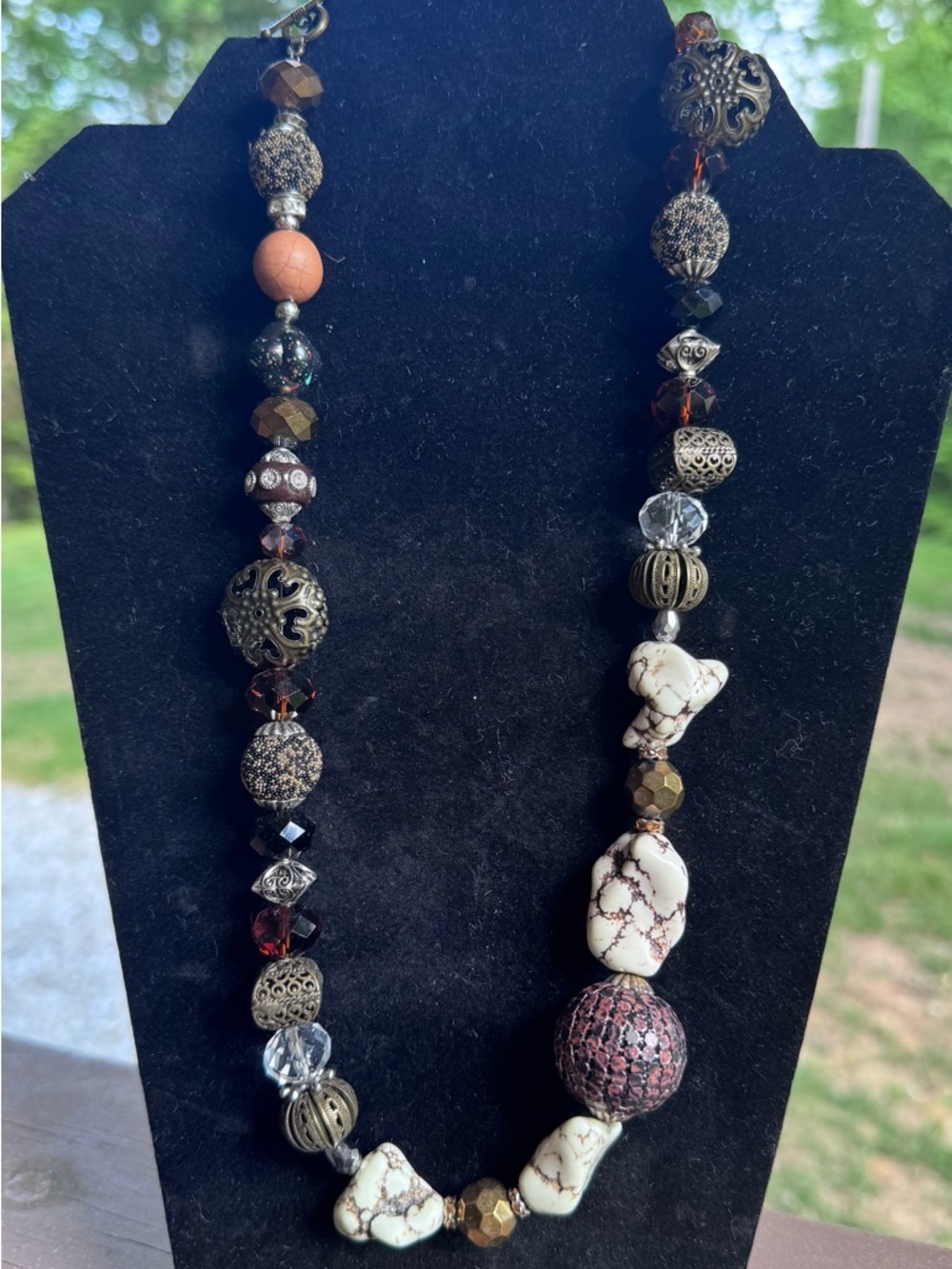 Handcrafted Multi-Bead Statement Necklace -Earthtone Beads -24”